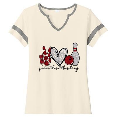 Peace Love Bowling Funny Bowling Lover Ladies Halftime Notch Neck Tee