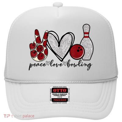Peace Love Bowling Funny Bowling Lover High Crown Mesh Back Trucker Hat