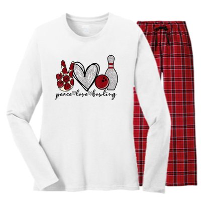 Peace Love Bowling Funny Bowling Lover Women's Long Sleeve Flannel Pajama Set 