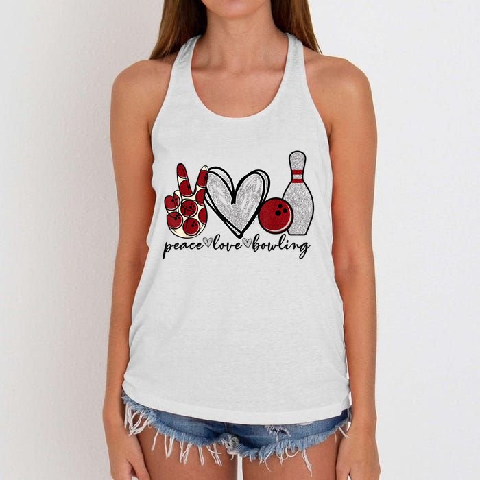 Peace Love Bowling Funny Bowling Lover Women's Knotted Racerback Tank