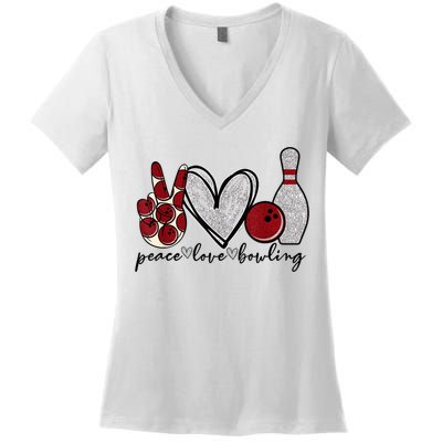 Peace Love Bowling Funny Bowling Lover Women's V-Neck T-Shirt