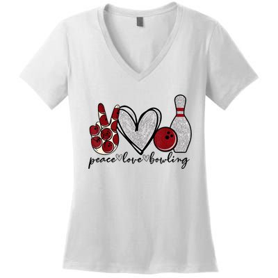 Peace Love Bowling Funny Bowling Lover Women's V-Neck T-Shirt