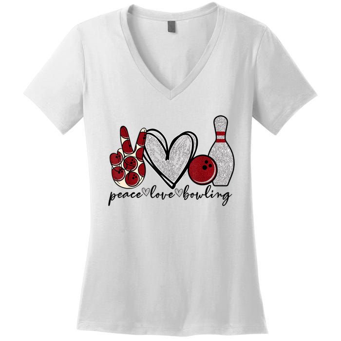 Peace Love Bowling Funny Bowling Lover Women's V-Neck T-Shirt