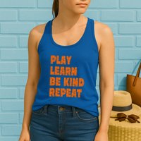 Play Learn Be Kind Repeat Autism Awareness Unity Day Orange Gift Womens Tank Top