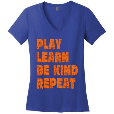 Play Learn Be Kind Repeat Autism Awareness Unity Day Orange Gift Women's V-Neck T-Shirt