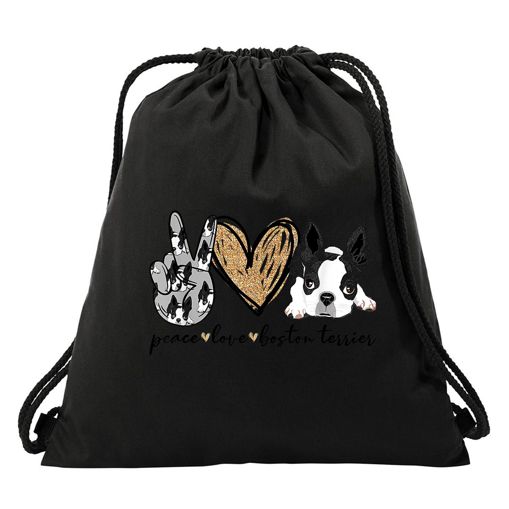 Peace Love Boston Terrier Funny Boston Terrier Lover Dog Mom Drawstring Bag