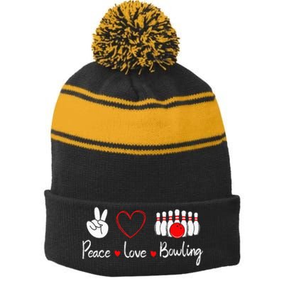 Peace Love Bowling Cute Bowling Lover Stripe Pom Pom Beanie