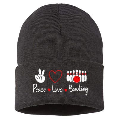 Peace Love Bowling Cute Bowling Lover Sustainable Knit Beanie