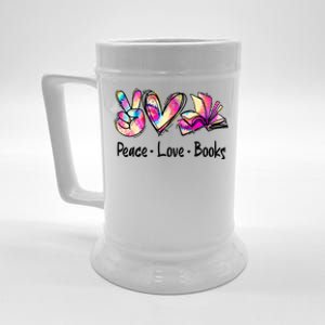 Peace Love Books Librarian Teacher Life Book Library Tie Dye Beer Stein