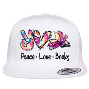 Peace Love Books Librarian Teacher Life Book Library Tie Dye Flat Bill Trucker Hat