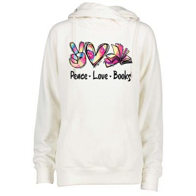 Peace Love Books Librarian Teacher Life Book Library Tie Dye Womens Funnel Neck Pullover Hood