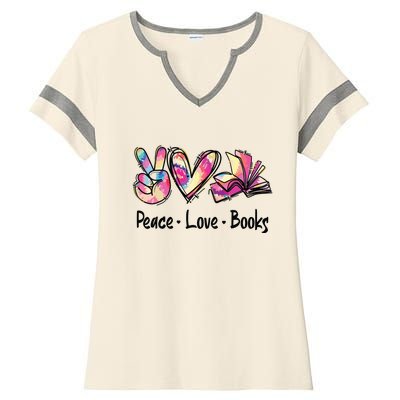 Peace Love Books Librarian Teacher Life Book Library Tie Dye Ladies Halftime Notch Neck Tee