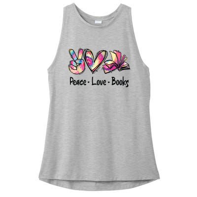 Peace Love Books Librarian Teacher Life Book Library Tie Dye Ladies PosiCharge Tri-Blend Wicking Tank