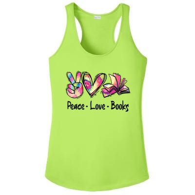 Peace Love Books Librarian Teacher Life Book Library Tie Dye Ladies PosiCharge Competitor Racerback Tank