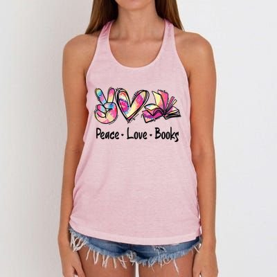 Peace Love Books Librarian Teacher Life Book Library Tie Dye Women's Knotted Racerback Tank