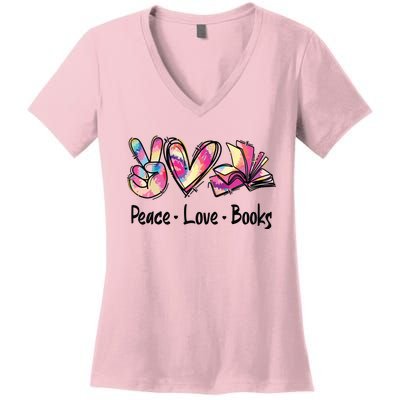 Peace Love Books Librarian Teacher Life Book Library Tie Dye Women's V-Neck T-Shirt