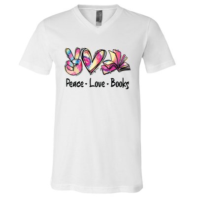 Peace Love Books Librarian Teacher Life Book Library Tie Dye V-Neck T-Shirt