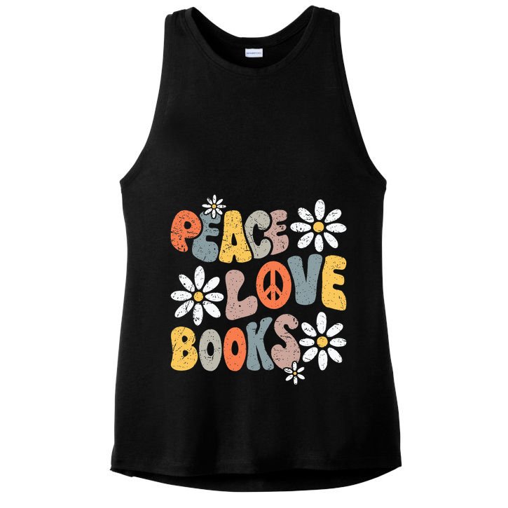 Peace Love Books Groovy Bookworm Book Nerd Reading Teacher Ladies PosiCharge Tri-Blend Wicking Tank