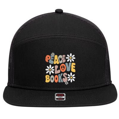 Peace Love Books Groovy Bookworm Book Nerd Reading Teacher 7 Panel Mesh Trucker Snapback Hat