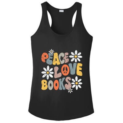 Peace Love Books Groovy Bookworm Book Nerd Reading Teacher Ladies PosiCharge Competitor Racerback Tank
