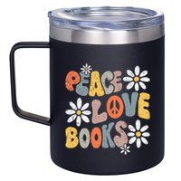 Peace Love Books Groovy Bookworm Book Nerd Reading Teacher 12oz Stainless Steel Coffee Mug
