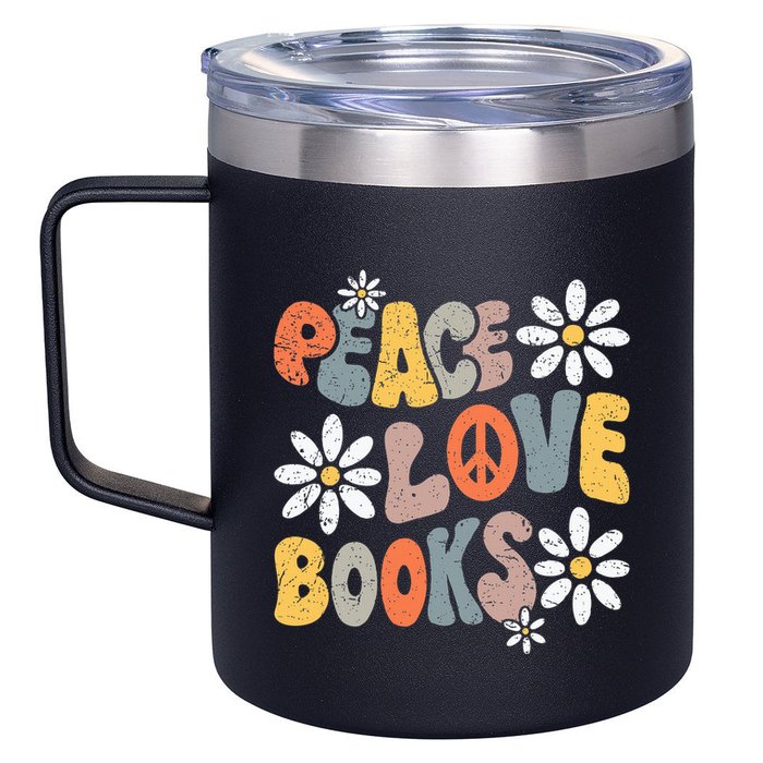 Peace Love Books Groovy Bookworm Book Nerd Reading Teacher 12oz Stainless Steel Coffee Mug