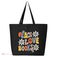 Peace Love Books Groovy Bookworm Book Nerd Reading Teacher 25L Jumbo Tote
