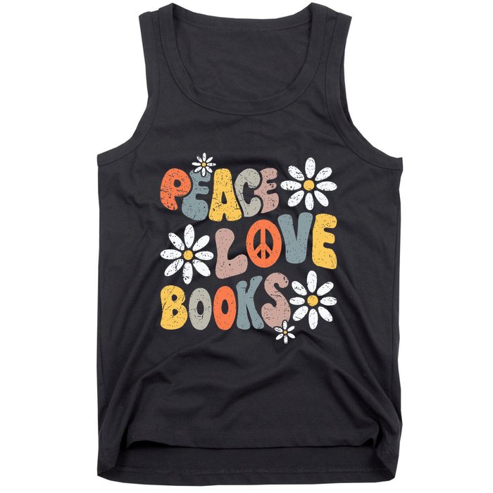 Peace Love Books Groovy Bookworm Book Nerd Reading Teacher Tank Top