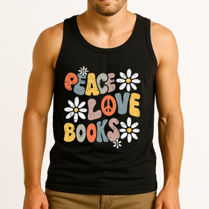 Peace Love Books Groovy Bookworm Book Nerd Reading Teacher Tank Top