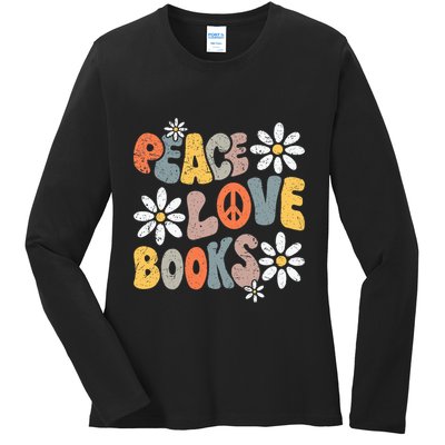 Peace Love Books Groovy Bookworm Book Nerd Reading Teacher Ladies Long Sleeve Shirt