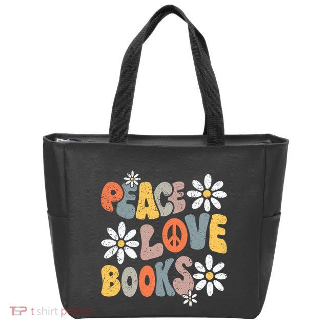 Peace Love Books Groovy Bookworm Book Nerd Reading Teacher Zip Tote Bag