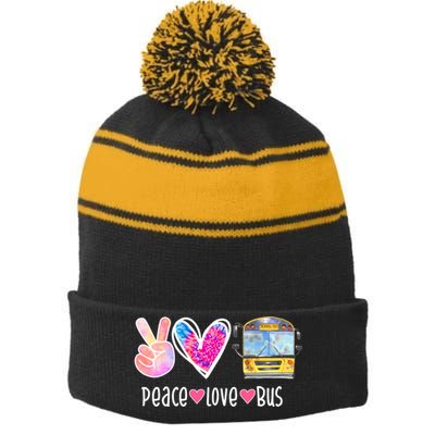 Peace Love Bus Gift For Bus Driver Stripe Pom Pom Beanie