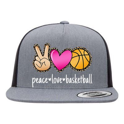 Peace Love Basketball Leopard Print Basketball Flat Bill Trucker Hat