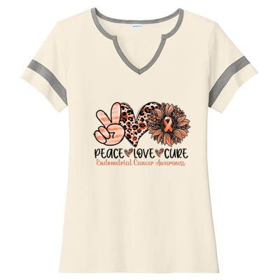 Peace Love Cure Sunflower Peach Ribbon Endometrial Cancer Ladies Halftime Notch Neck Tee