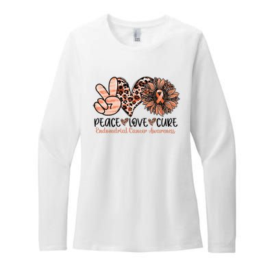 Peace Love Cure Sunflower Peach Ribbon Endometrial Cancer Womens CVC Long Sleeve Shirt