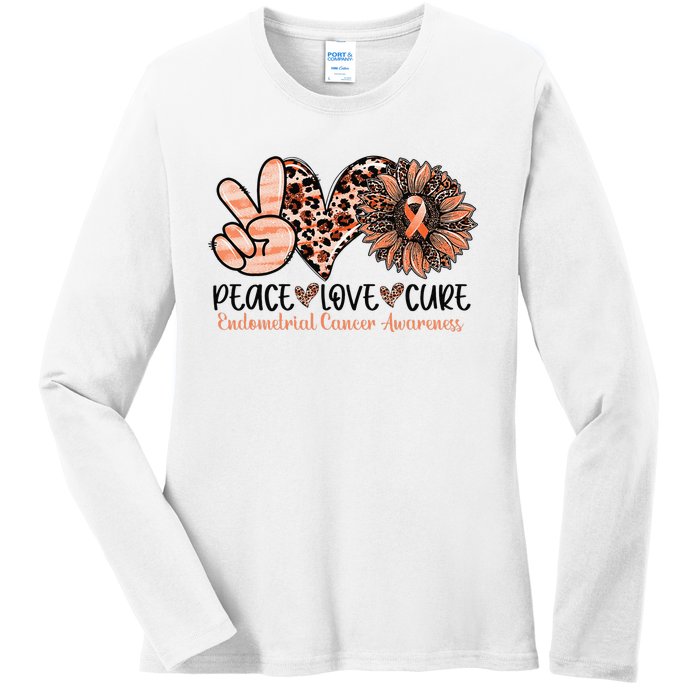 Peace Love Cure Sunflower Peach Ribbon Endometrial Cancer Ladies Long Sleeve Shirt