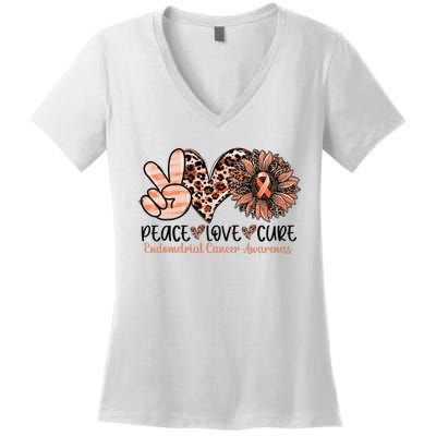 Peace Love Cure Sunflower Peach Ribbon Endometrial Cancer Women's V-Neck T-Shirt