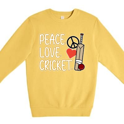 Peace Love Cricket Player Sports Lover Team Coach Graphic Premium Premium Crewneck Sweatshirt