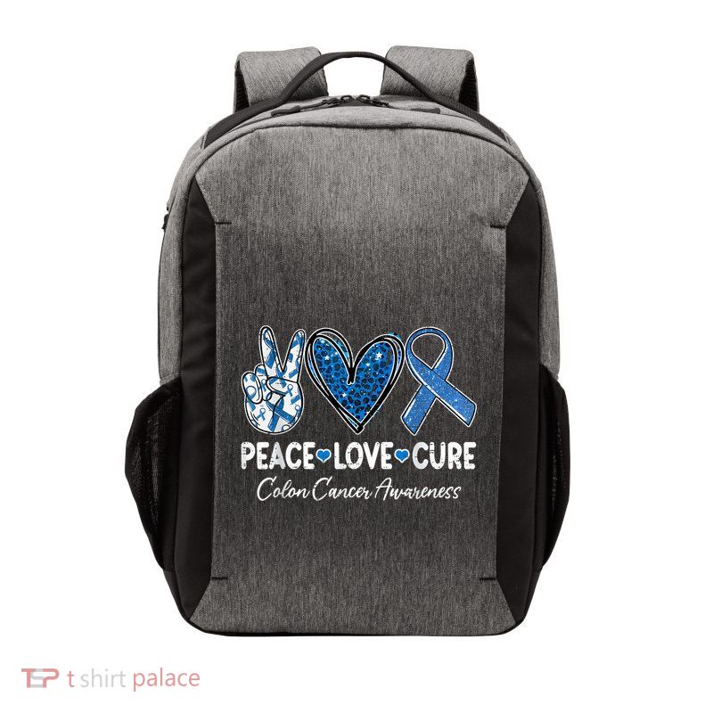 Peace Love Cure Colorectal Colon Cancer Awareness Support Vector Backpack