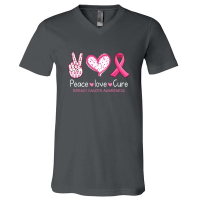 Peace Love Cure Pink Ribbon Breast Cancer Awareness Gift V-Neck T-Shirt