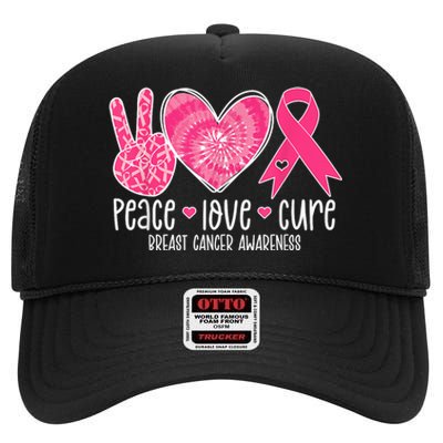 Peace Love Cure Breast Cancer Shirt Pink Ribbon Awareness High Crown Mesh Back Trucker Hat