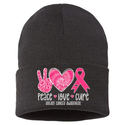 Peace Love Cure Breast Cancer Shirt Pink Ribbon Awareness Sustainable Knit Beanie