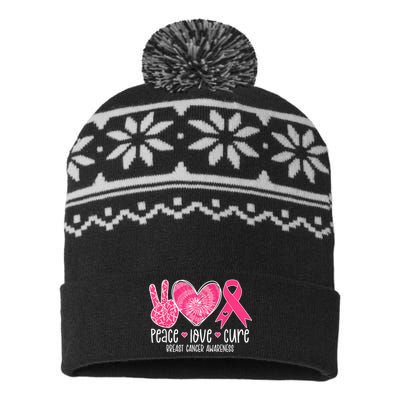 Peace Love Cure Breast Cancer Shirt Pink Ribbon Awareness USA-Made Snowflake Beanie