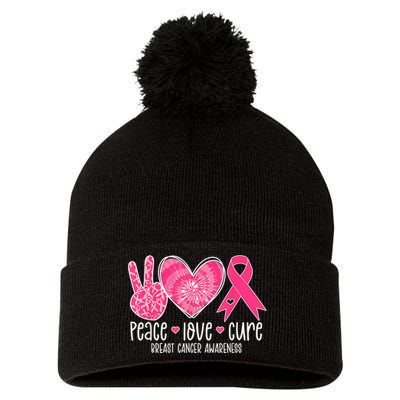 Peace Love Cure Breast Cancer Shirt Pink Ribbon Awareness Pom Pom 12in Knit Beanie