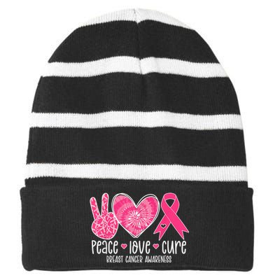 Peace Love Cure Breast Cancer Shirt Pink Ribbon Awareness Striped Beanie with Solid Band