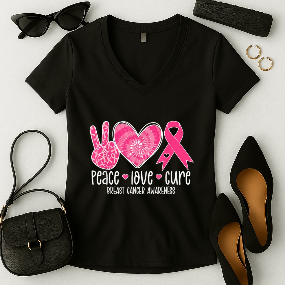 Peace Love Cure Breast Cancer Shirt Pink Ribbon Awareness Women's V-Neck T-Shirt