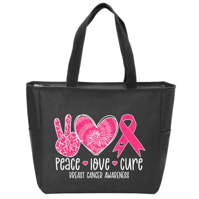 Peace Love Cure Breast Cancer Shirt Pink Ribbon Awareness Zip Tote Bag