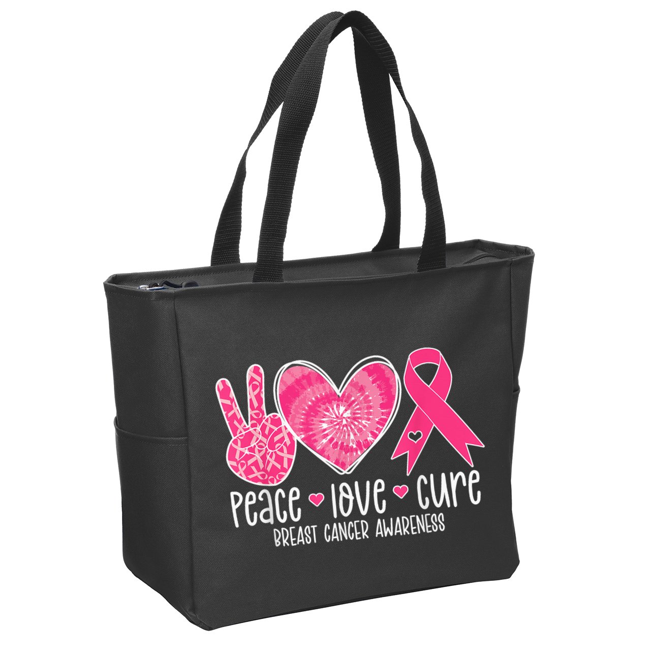 Peace Love Cure Breast Cancer Shirt Pink Ribbon Awareness Zip Tote Bag