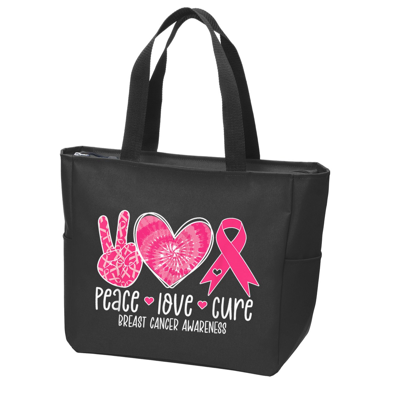 Peace Love Cure Breast Cancer Shirt Pink Ribbon Awareness Zip Tote Bag