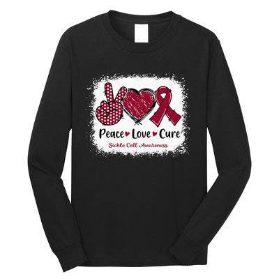 Peace Love Cure Sickle Cell Awareness Burgundy Ribbon Long Sleeve Shirt